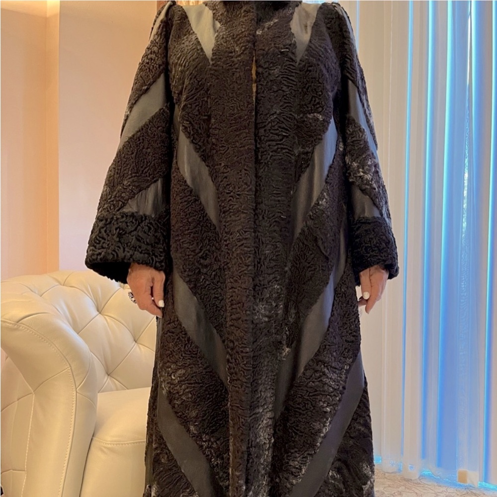 NEW Black Real Karakul (Astrakhan Fur) & Black Leather Diagonal Coat, L